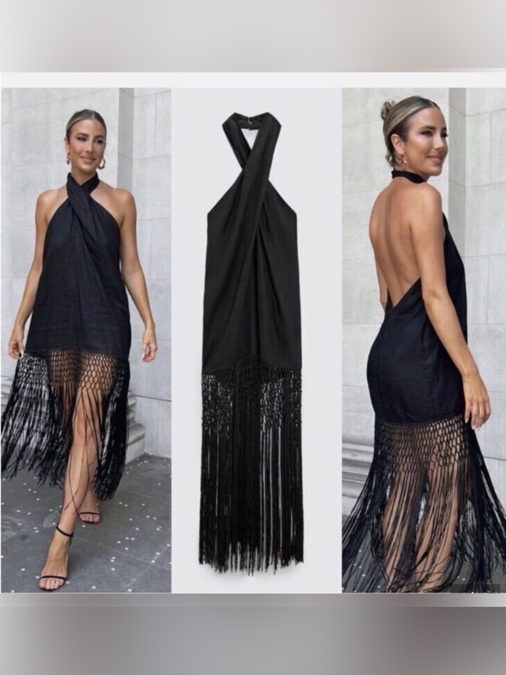 Zara Black Backless Halter Maxi Dress with Fringe